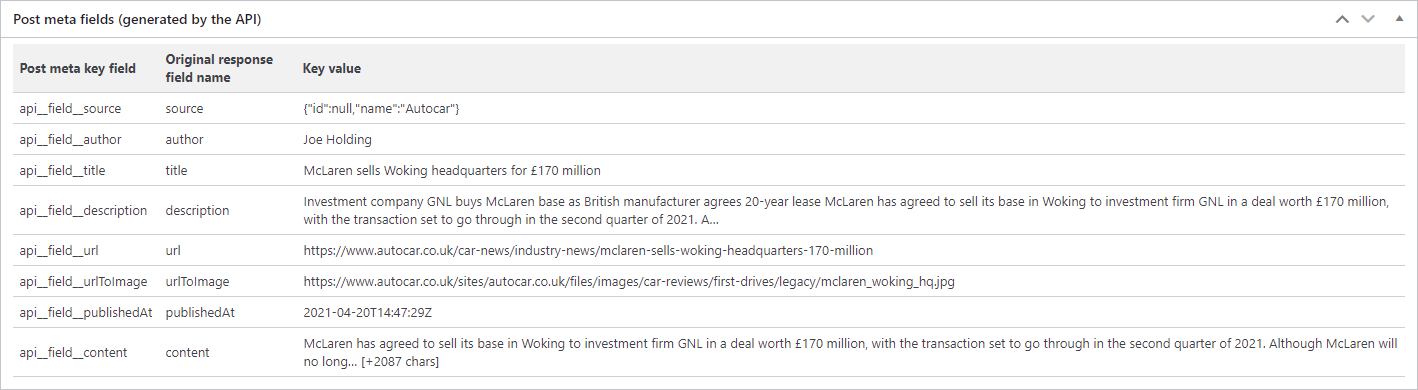 Example of post fields generated by the API Fetcher plugin